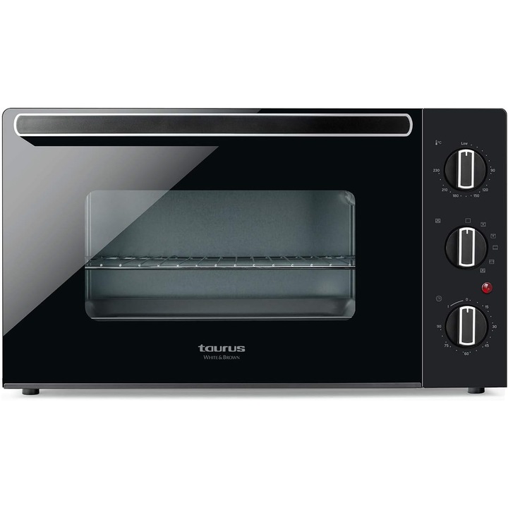 Cuptor electric Taurus Horizon 45,1500W, 45L, 90°- 230°C, Timer 90 min., Convectie, Rotisor, Grill,5 functii de gatire, accesorii: gratar si 2 tavi de copt Negru