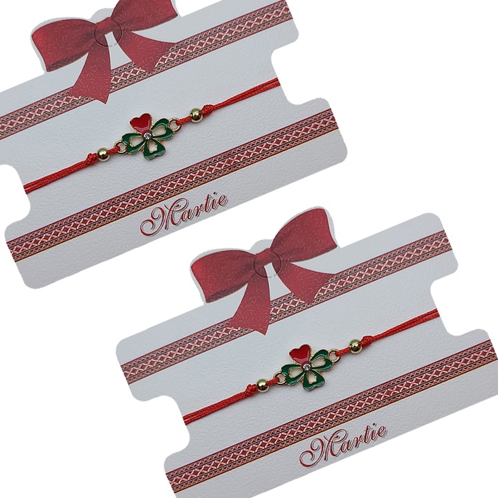 Set 2 Bratari Martisor ArtDeco Trifoi cu inima, lucrate manual din snur rosu, cu accesorii emailate din aliaj metalic auriu, placate cu cristale, reglabile 8 - 25 cm