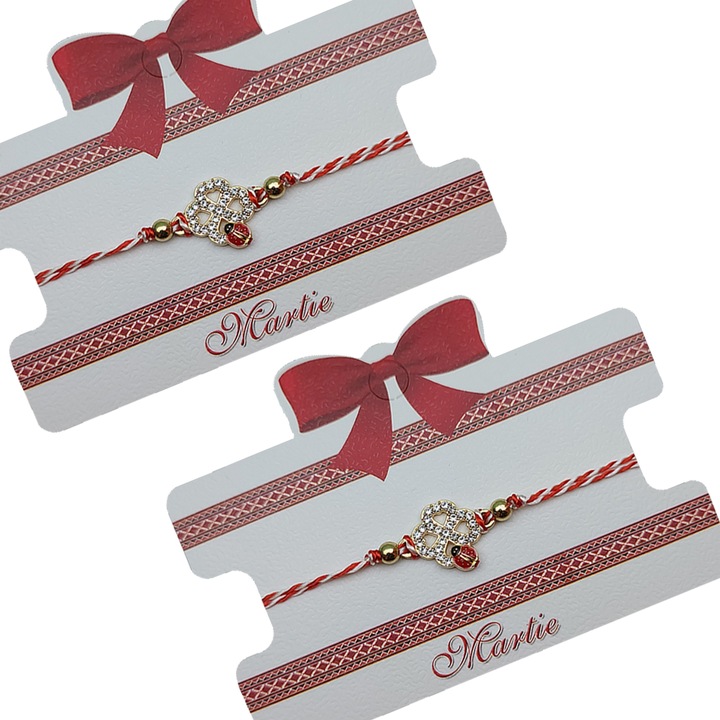 Set 2 Bratari Martisor ArtDeco Trifoi cu gargarita, lucrate manual din snur alb-rosu, cu accesorii din aliaj metalic auriu, placate cu cristale, reglabile 8 - 25 cm