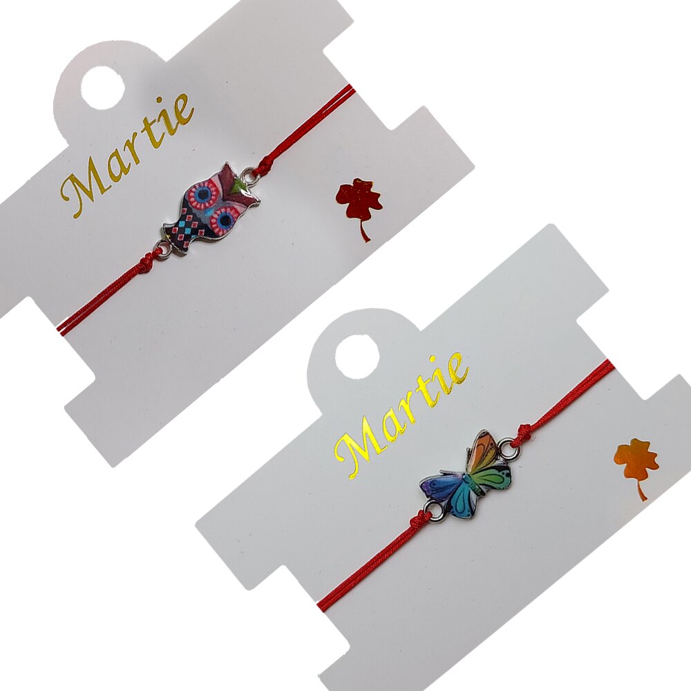 Set 2 Bratari Martisor ArtDeco Fluturas si Bufnita, lucrate manual pe snur rosu, cu accesorii din aliaj metalic argintiu emailat, reglabile 8 - 25 cm