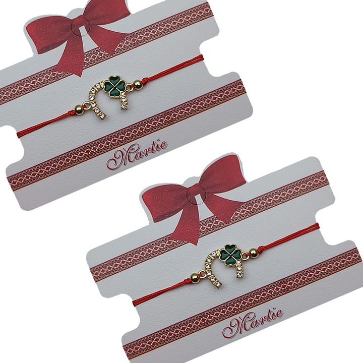 Set 2 Bratari Martisor ArtDeco Potcoava cu trifoi, lucrate manual din snur rosu, cu accesorii din aliaj metalic auriu, placate cu cristale, reglabile 8 - 25 cm