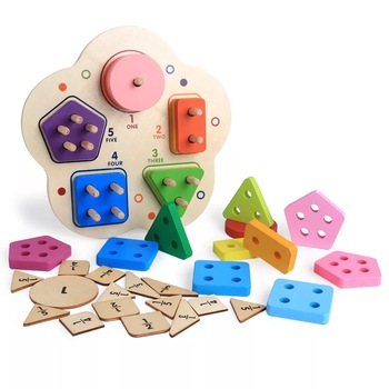 Sortator Montessori 5 coloane forme geometrice si cifre, multicolor Sortator Montessori 5 coloane forme geometrice si cifre, multicolor