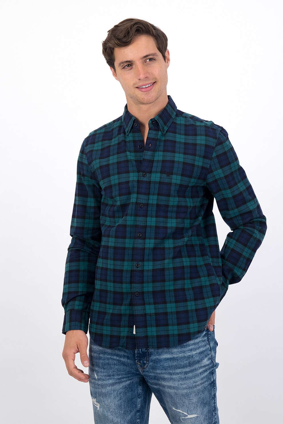 American Eagle, Camasa slim fit cu imprimeu in carouri, Albastru/verde, S
