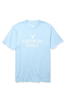 American Eagle, Tricou cu decolteu la baza gatului si imprimeu logo, Albastru azur American Eagle, Tricou cu decolteu la baza gatului si imprimeu logo, Albastru azur