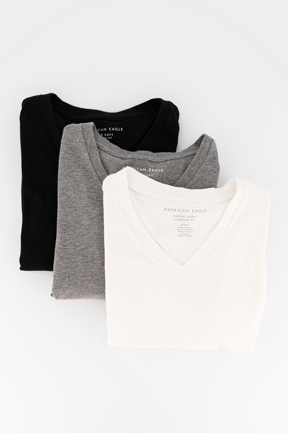 American Eagle, Set de tricouri cu decolteu in V - 3 piese, Negru/Alb/Gri inchis, S