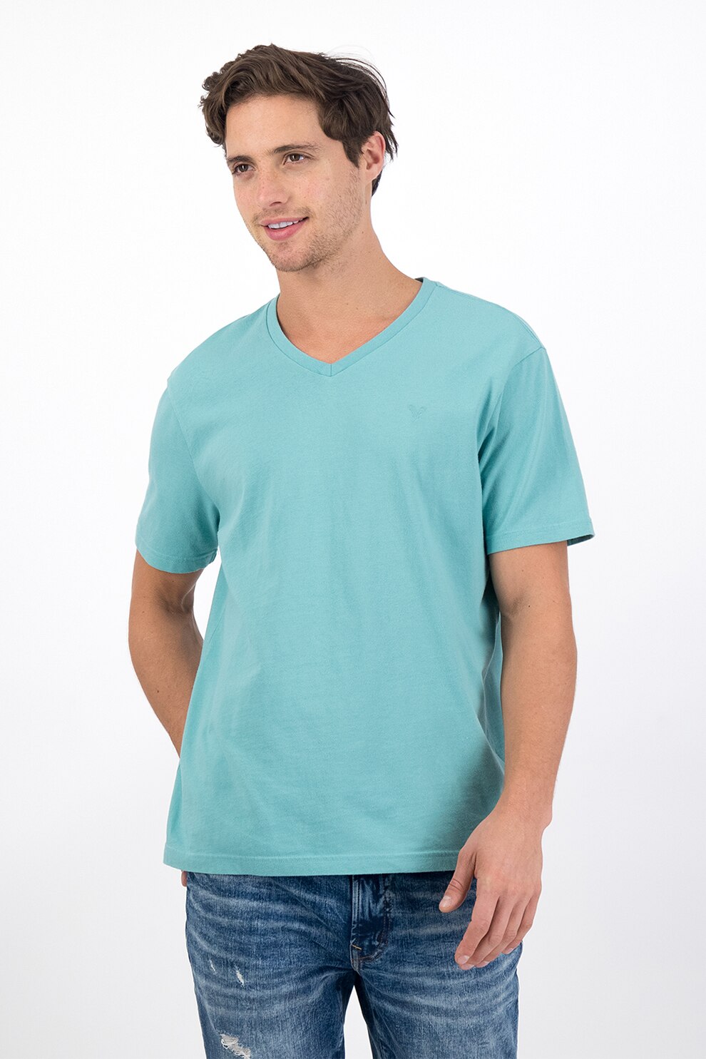 American Eagle, Tricou din bumbac cu decolteu in V, Albastru azur