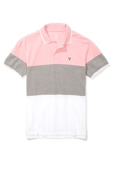 American Eagle, Tricou polo cu aspect colorblock, Roz/Gri/Alb, L American Eagle, Tricou polo cu aspect colorblock, Roz/Gri/Alb, L