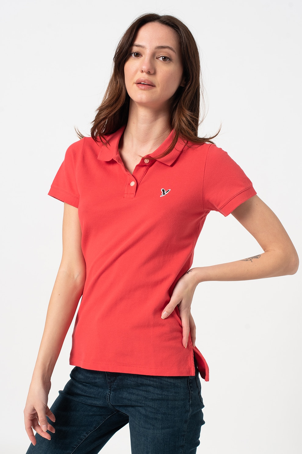 American Eagle, Tricou polo de pique cu detaliu logo brodat, Corai