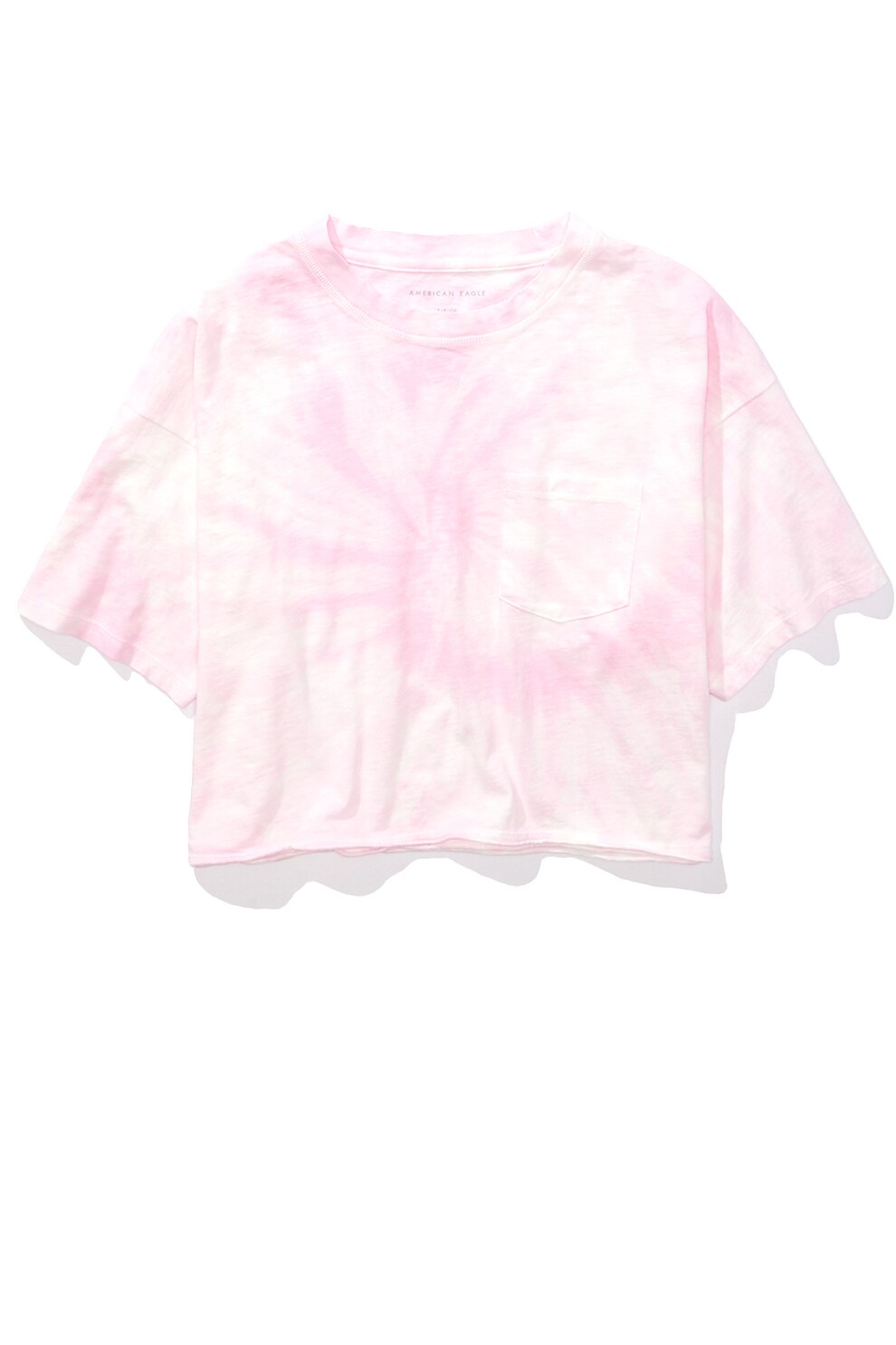 American Eagle, Tricou crop cu buzunar pe piept si model tie-dye, Roz