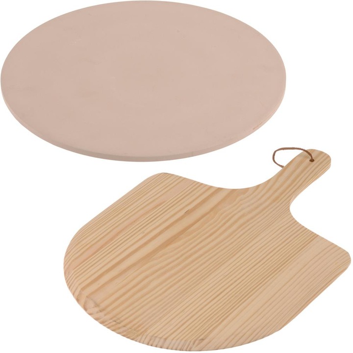 Excellent Houseware pizzasütő kő és fa tányér, 33 cm, fehér / bézs szín
