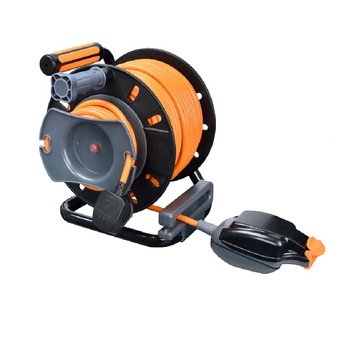 Prelungitor cu tambur retractabil, 25 m, 3 posturi, cablu portocaliu, tambur din plastic Prelungitor cu tambur retractabil, 25 m, 3 posturi, cablu portocaliu, tambur din plastic