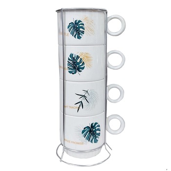 Set 4 cesti cafea Leaf ceramica 200ml, Alb, Suport metalic Set 4 cesti cafea Leaf ceramica 200ml, Alb, Suport metalic