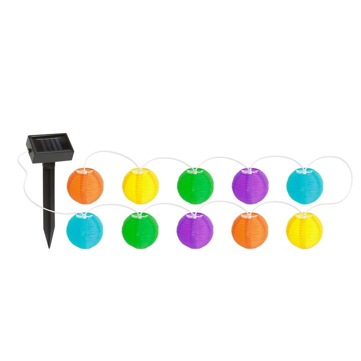 Lampa solara de exterior pentru gradina Garden of Eden Lampion 11227B, 10 lampioane LED, lumina alb rece, acumulator 300 mAh 1.2V, IP44, 3.7 m, colorate