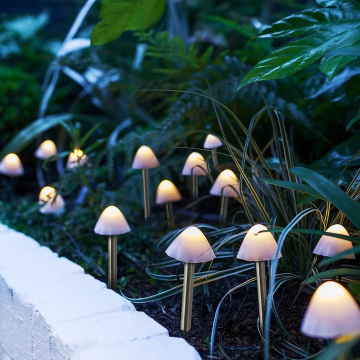 Pachet 12 lampi solare LED de exterior pentru gradina Garden of Eden 112443 Ciuperci mini LED, acumulator 400 mAh, lumina alba calda