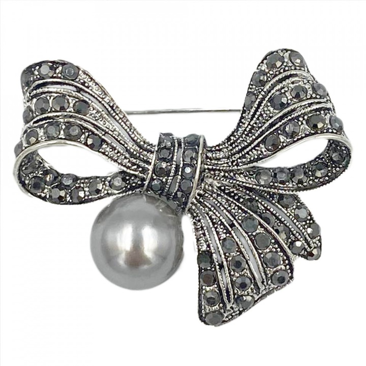 Brosa vintage fundita cu perluta si marcasite VP908 argintie