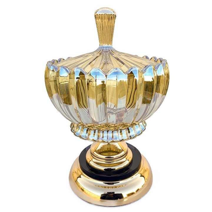 Bomboniera din sticla cu capac, pe picior metalic galben,16x26cm