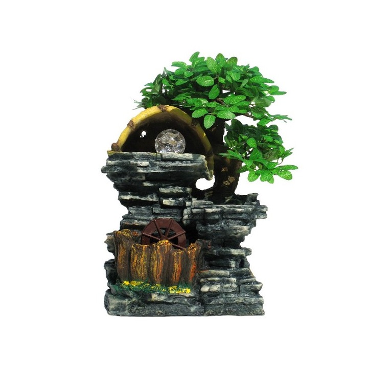 Електрически фонтан с вятърна мелница, топка и изкуствени растения, 23x30см, интериорна декорация