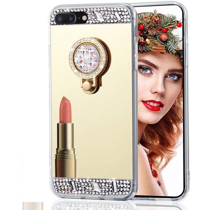 Husa silicon Oglinda cu Inel si Pietricele pentru iPhone 7 Plus / 8 Plus, Auriu