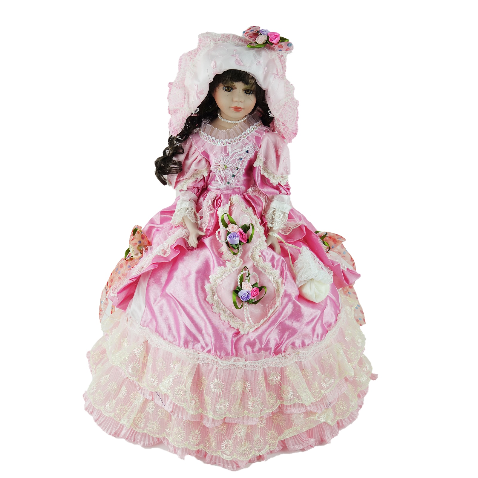 Papusa de colectie, stil victorian, cu deschidere tip umbrela, roz