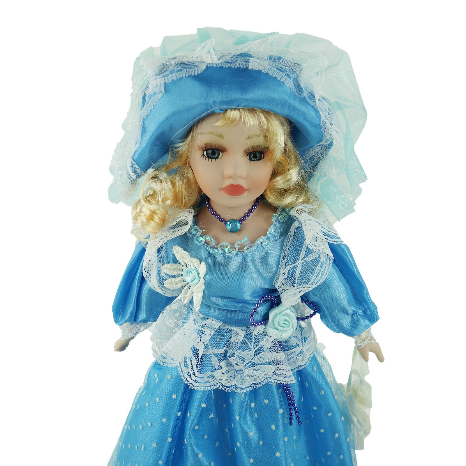 Papusa de colectie, stil Victorian, cu suport, albastru