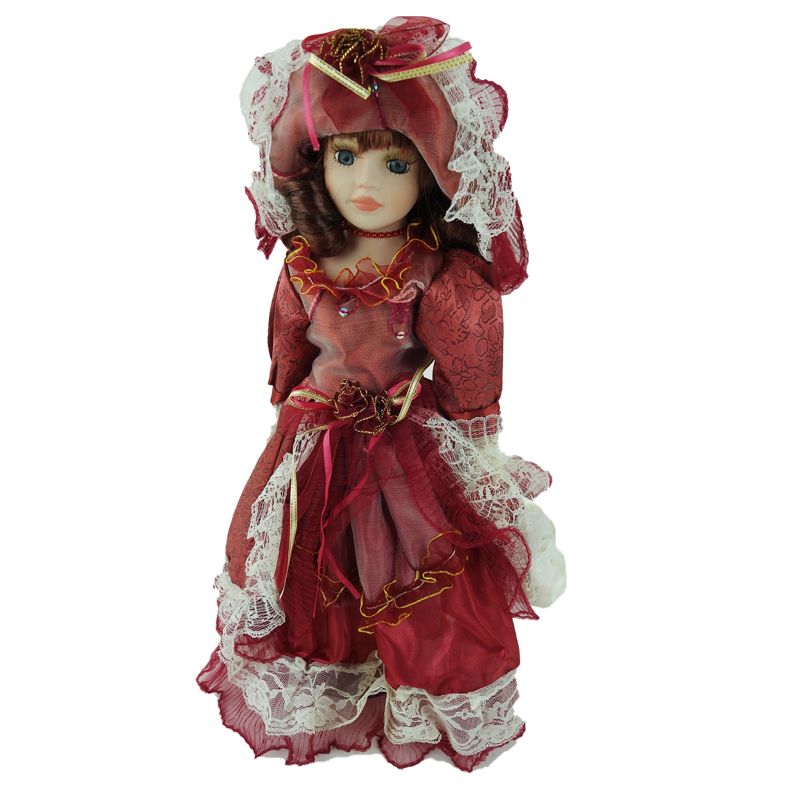 Papusa de colectie, stil Victorian, cu suport, visiniu