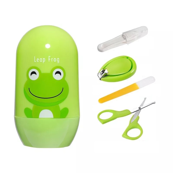 Drool baba körömápoló készlet, béka dizájn, körömcsipesz, PVC reszelő, olló és csipesz, doboz, zöld, 4 darab
