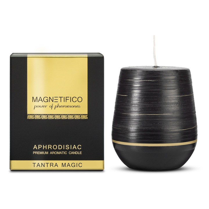 Illatos gyertya feromonokkal és afrodiziákumokkal, prémium, szantálfa aroma, Magnetifico, Tantra Magic, fekete