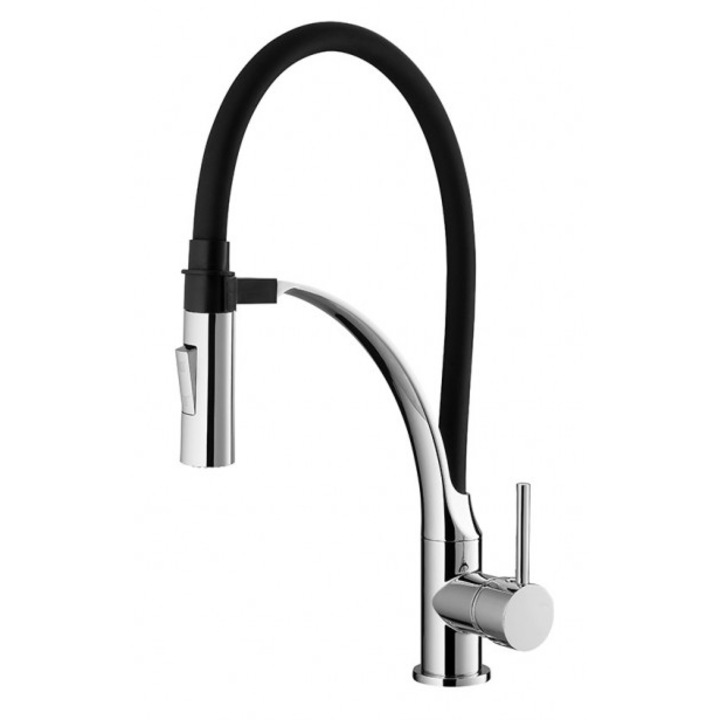 Смесител за кухня Idrobric Seattle, Гъвкав висок чучур, Керамичен патрон, Гъвкава връзка от неръждаема стомана F3/8, 35 см, Комплект за бърз монтаж, Лъскав хром