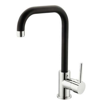 Baterie bucatarie Idrobric Florida, pipa inalta, alama, crom lucios/negru mat, cartus ceramic ø 35 mm, racord flexibil inox F3/8, 35 cm, kit de montaj rapid