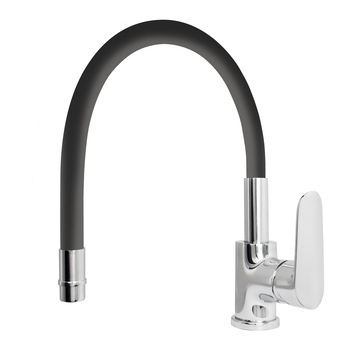 Baterie bucatarie Idrobric Torpedo, pipa inalta orientabila, cartus ceramic, racord flexibil inox F3/8, 40 cm, kit de montaj rapid, Crom lucios/negru