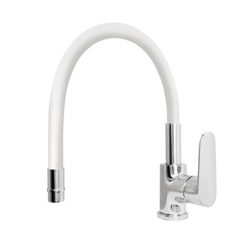 Baterie bucatarie Idrobric Torpedo, pipa inalta, pivotanta, silicon flexibil, dispersor din alama 1 jet, crom lucios/alb, cartus ceramic ø 35 mm, racord flexibil inox F3/8, 40 cm, kit de montaj rapid