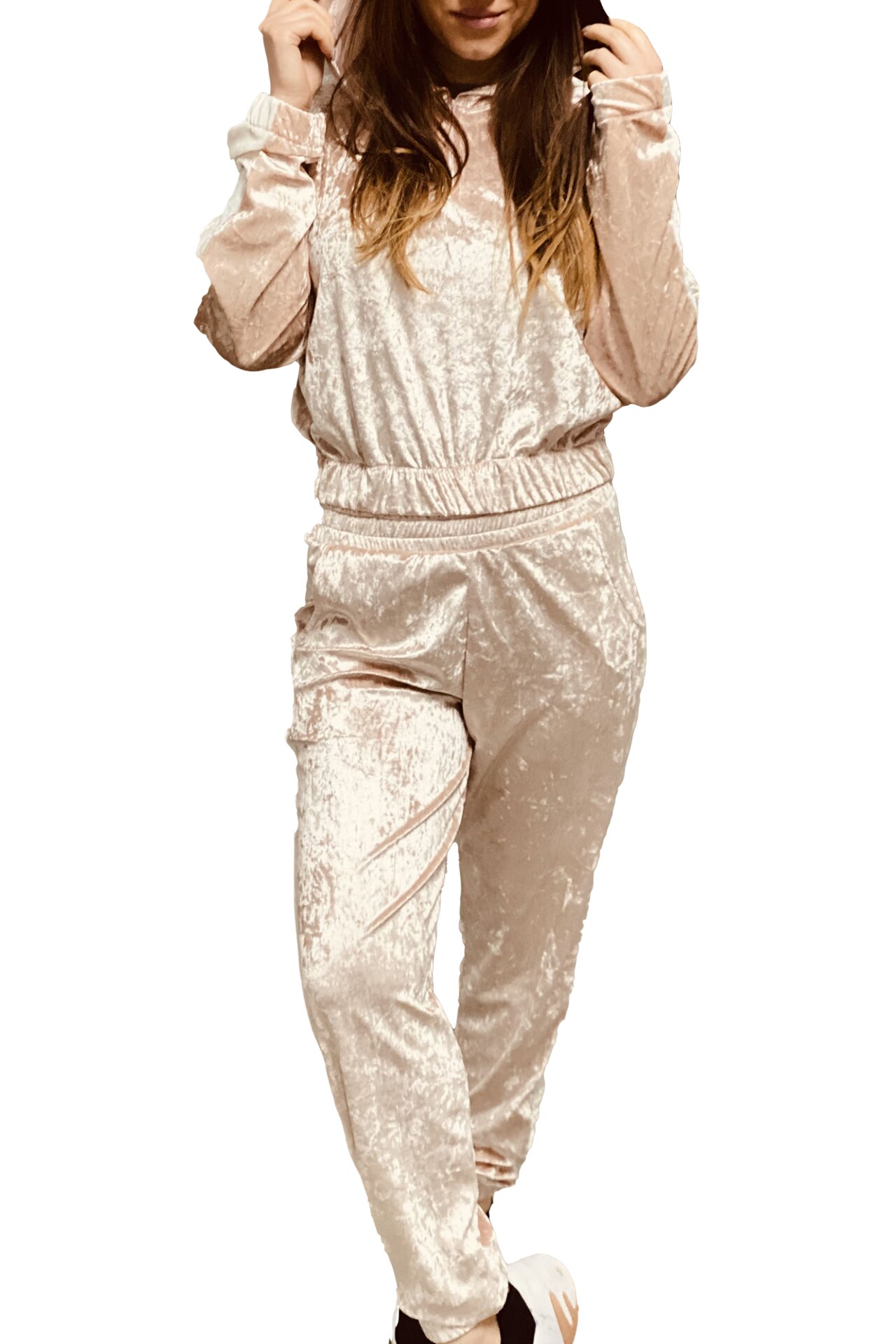 Trening dama catifea cu dungi, doua piese, Velvet Edition, Bej roz