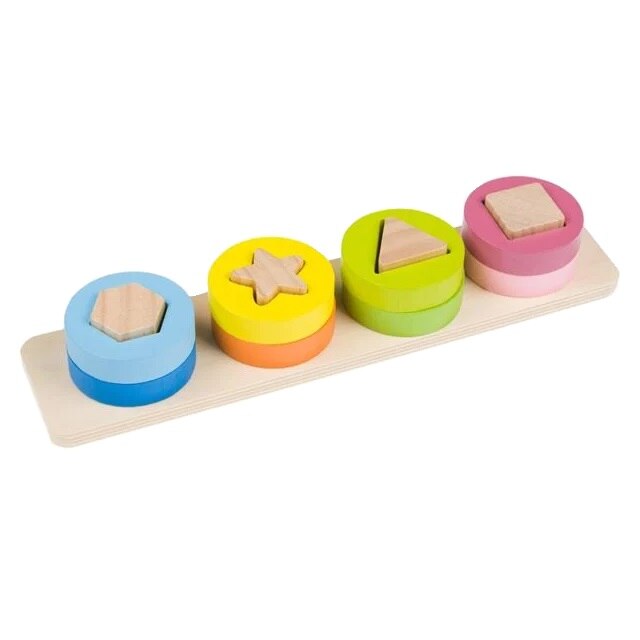 Jucarie eductiva tip Puzzle pentru copii, cu 4 forme geometrice, Lemn, Multicolor, 30.5x7x4.5 cm