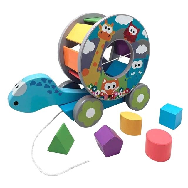 Jucarie eductiva tip broscuta testoasa pentru copii, cu forme geometrice, Lemn, Multicolor, 30.5x10.5x22 cm