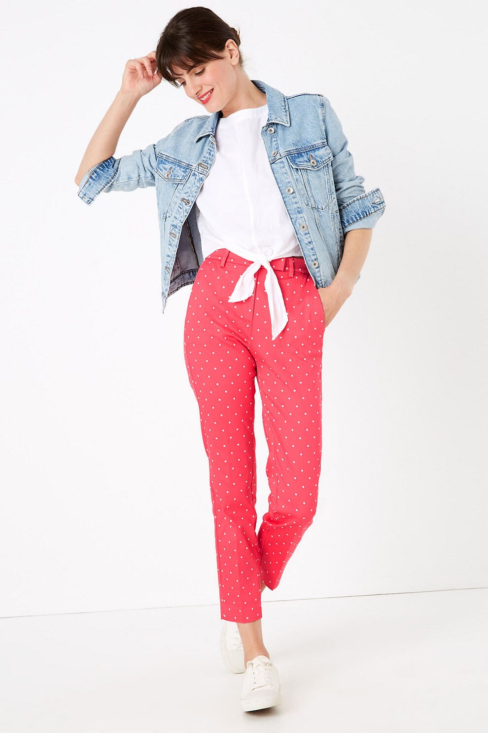 Marks & Spencer, Pantaloni cu talie inalta si model cu buline, Corai/Alb, W25.5-L31