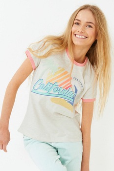 Marks & Spencer, Tricou cu decolteu la baza gatului si imprimeu, Alb prafuit/Oranj/Albastru Marks & Spencer, Tricou cu decolteu la baza gatului si imprimeu, Alb prafuit/Oranj/Albastru