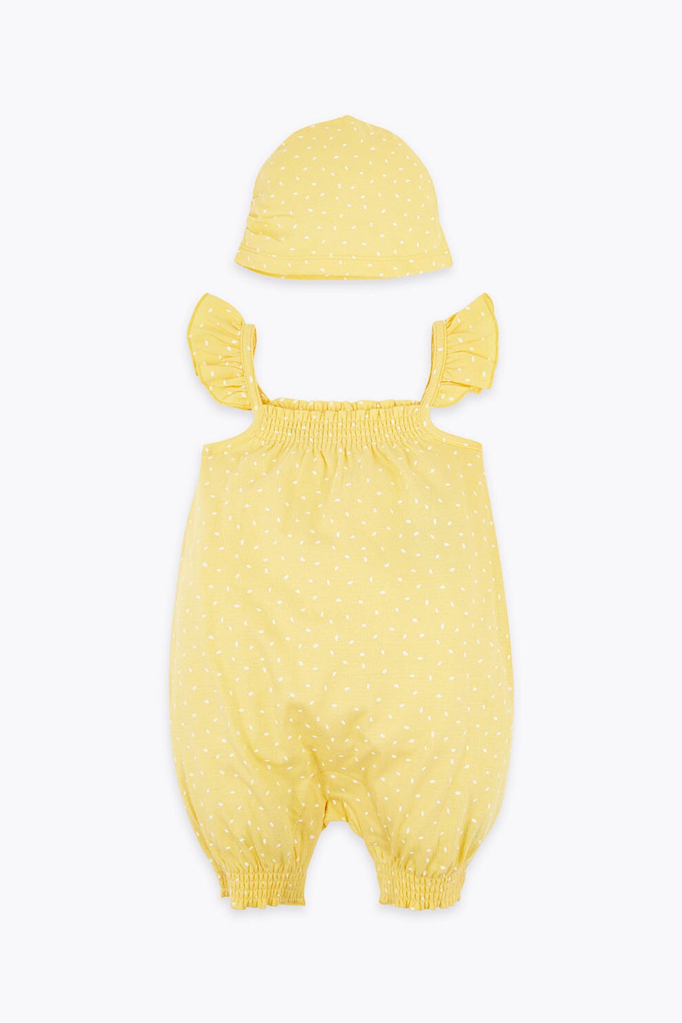 Marks & Spencer, Set de combinezon si caciula, cu model abstract, Galben/Alb, 72-76 CM