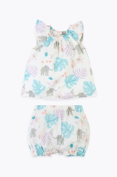 Marks & Spencer, Set de bluza cu imprimeu si pantaloni scurti, Alb/Albastru/Gri Marks & Spencer, Set de bluza cu imprimeu si pantaloni scurti, Alb/Albastru/Gri