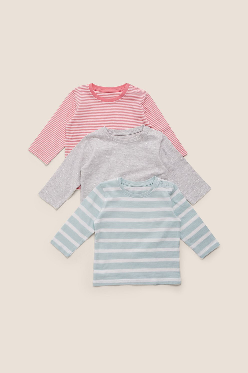 Marks & Spencer, Set 3 bluze, fete, cu imprimeu, Roz prafuit/Albastru/Gri, Roz prafuit/Albastru/Gri