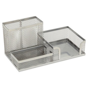 Suport plasa metalica accesorii birou, 3 compartimente - argintiu Suport plasa metalica accesorii birou, 3 compartimente - argintiu