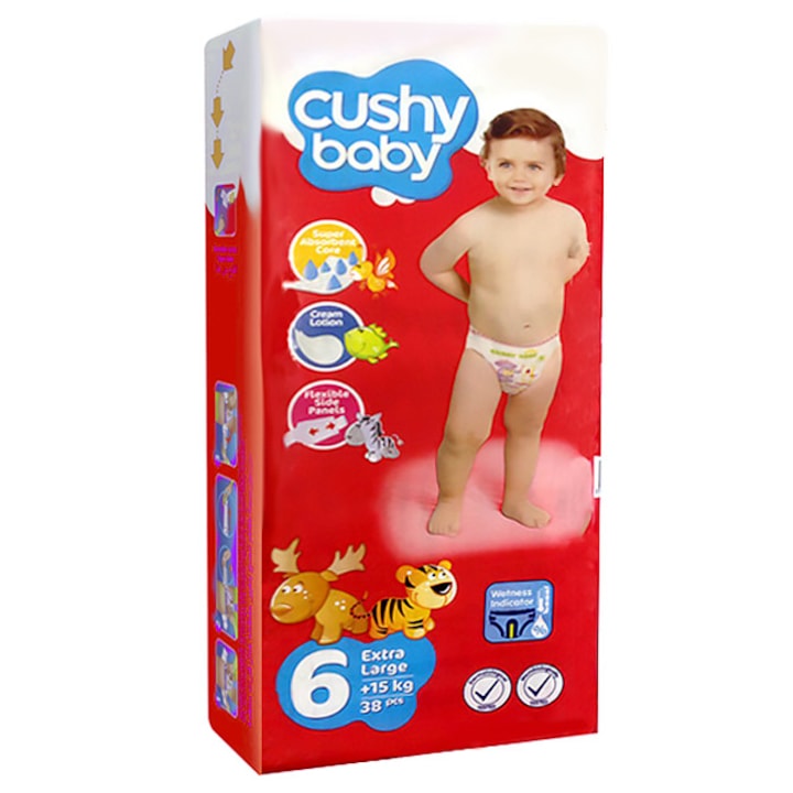 Scutece copii Cushy Baby, marime 6, (15 Kg+), 38 buc