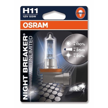 Bec auto cu halogen pentru proiector Osram H11 NIGHT BREAKER UNLIMITED, 12V, 55W, 1 Buc/Blister Bec auto cu halogen pentru proiector Osram H11 NIGHT BREAKER UNLIMITED, 12V, 55W, 1 Buc/Blister