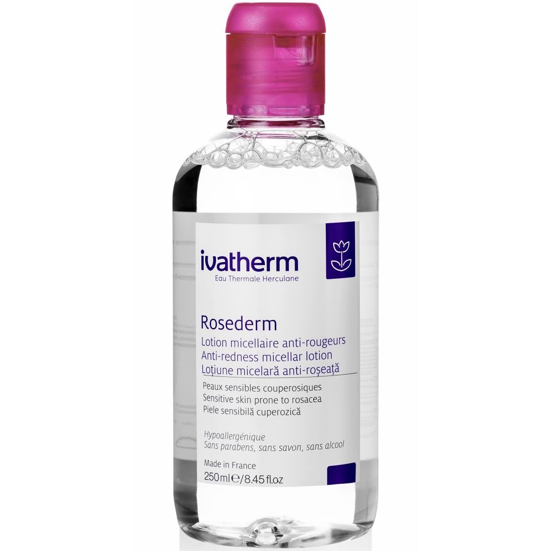 Lotiune micelara anti-roseata, Rosederm, Ivatherm, lotiune demachianta pentru piele sensibila cu rozacee, 250 ml