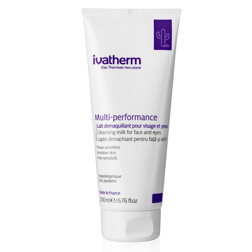 Lapte demachiant fata si ochi Multi-performance, Ivatherm, cu ceramide si acid hialuronic, pentru piele sensibila, uscata si deshidratata, 200 ml