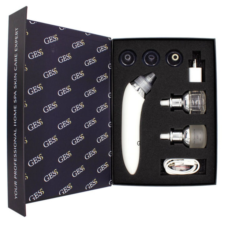Aspirator pentru indepartarea punctelor negre GESS, 4 duze si 2 geluri, Dermabraziune, Alb