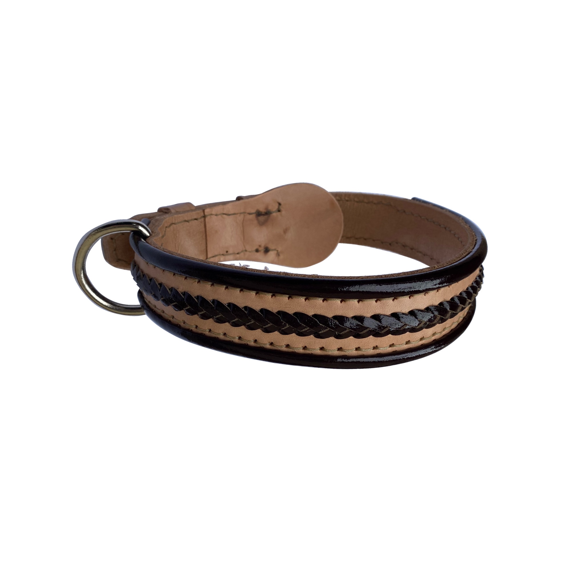 Zgarda caine din piele naturala dublata, culoare bej, cu impletitura si margine maro(70cm / 40mm / 7mm)