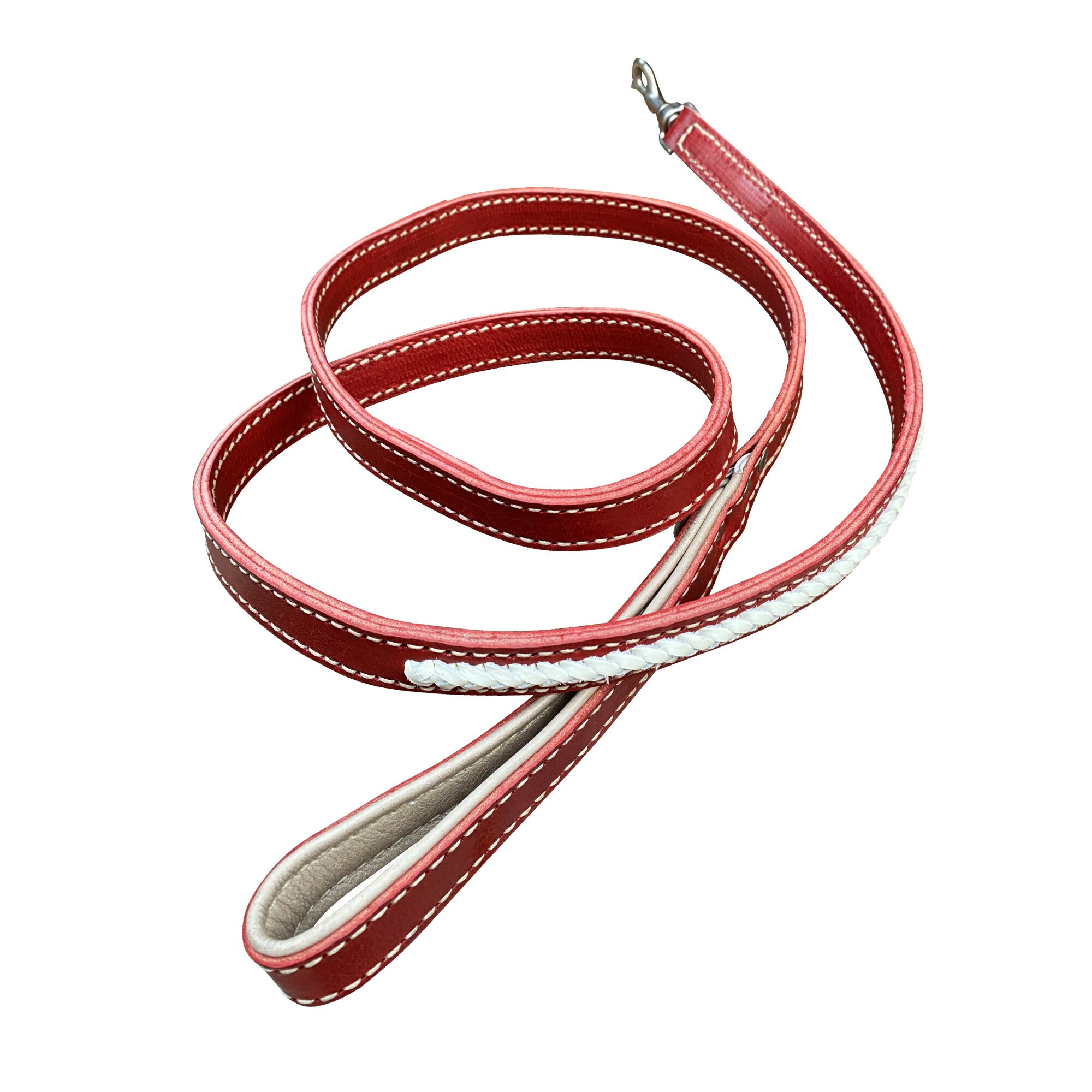 Lesa pentru caine din piele naturala dublata, rosie cu impletitura alba (180cm / 23mm / 5mm)
