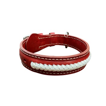 Zgarda caine din piele naturala rosie, dublata, cu impletitura alba ( 70cm / 40mm / 10mm) Zgarda caine din piele naturala rosie, dublata, cu impletitura alba ( 70cm / 40mm / 10mm)