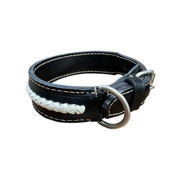 Zgarda caine din piele naturala neagra, dublata, cu impletitura alba ( 70cm / 40mm / 10mm) Zgarda caine din piele naturala neagra, dublata, cu impletitura alba ( 70cm / 40mm / 10mm)