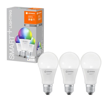 Pachet 3 becuri inteligente LED RGBW LEDVANCE SMART WIFI, A60, E27, 9W (60W), 806 lm, dimabil, lumina alba si colorata, compatibil amazon alexa/Google Assistant Pachet 3 becuri inteligente LED RGBW LEDVANCE SMART WIFI, A60, E27, 9W (60W), 806 lm, dimabil, lumina alba si colorata, compatibil amazon alexa/Google Assistant
